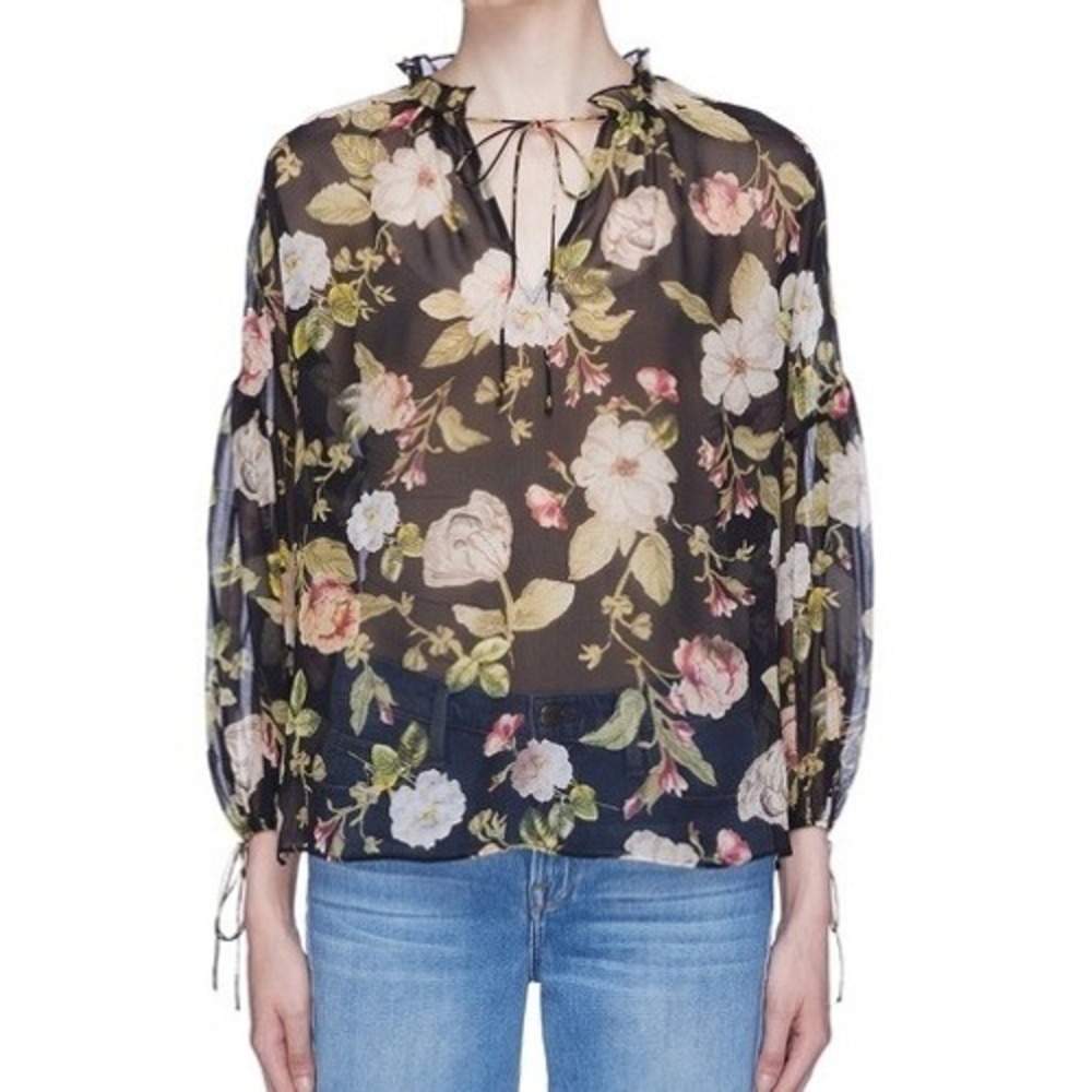 Alice + Olivia Black Julius Floral Blouson Sleeve Silk Blouse Sheer Size Small